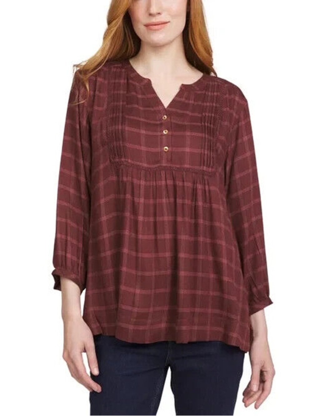 Wrangler Womens XXL Burgundy Plaid Pintuck Tunic Blouse Western Boho Cowgirl